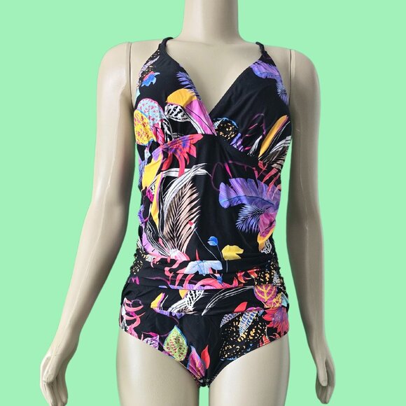 BRAND NEW BLACK/FLORAL ONE-PIECE WOMEN'S SWIMSUIT SIZE 12 - Picture 3 of 5